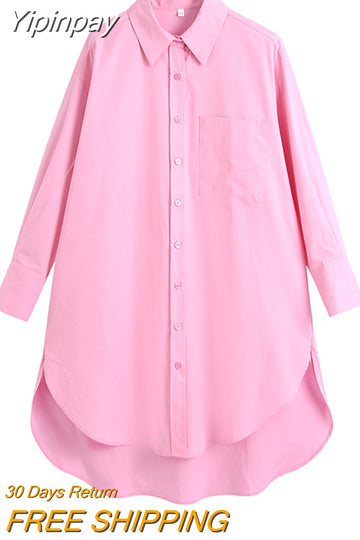 Yipinpay Oversized White Shirt Women 2023 Autumn Long Sleeve Collared Button Up Long Shirts Ladies Asymmetric Hem Casual Tops